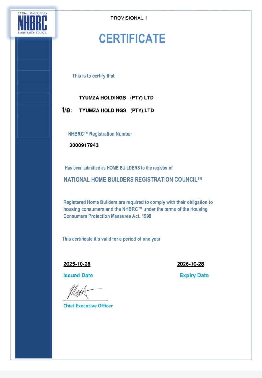 NHBRC Provisional 1 Certificate for Sanel Properties Construction Company, registration number 3000917943